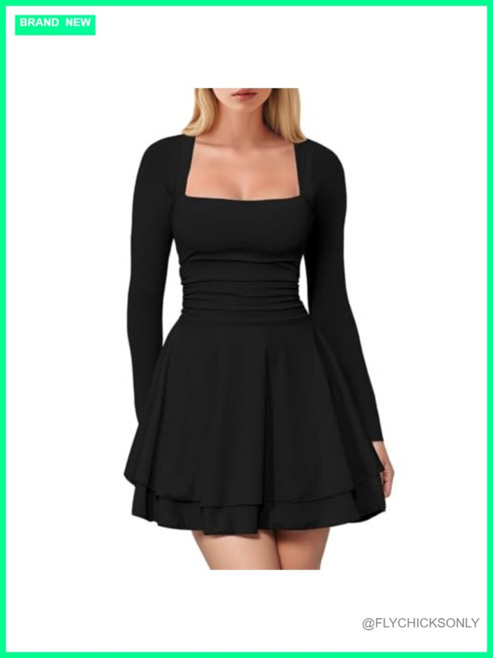 Women Bodycon Mini Dress Square Neck Long Sleeve Ruched Party Dress